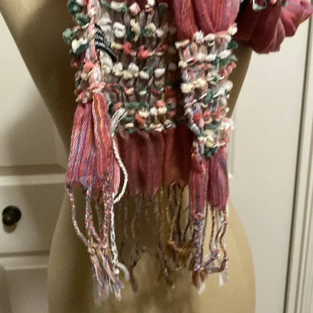 Bohemian Water Color Scarf & Wrap OS Womens puckered gathered fringe Pom poms